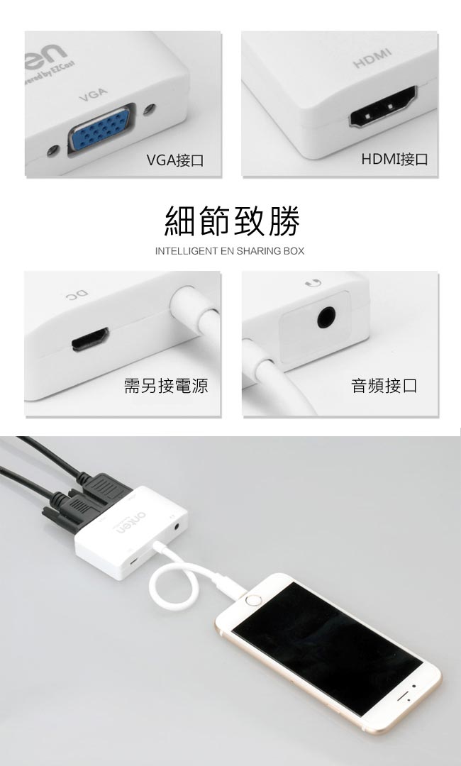 【ONTEN】HDMI+VGA高清智能Lightning 視頻轉換盒 白(OTN-7585