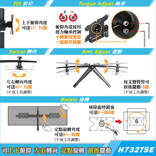 HE桌上型左右雙螢幕架(H732TSE)-適用21~32吋