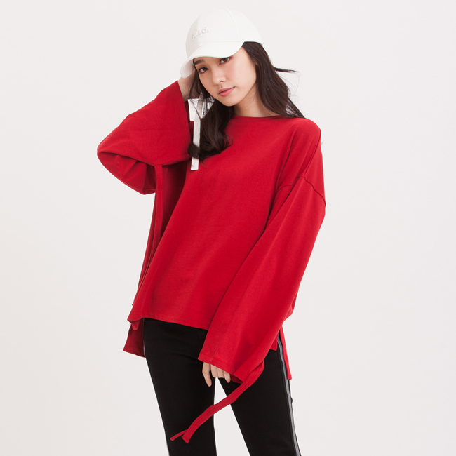 H:CONNECT韓國品牌女裝 -寬袖長緞帶棉T-Shirt-紅
