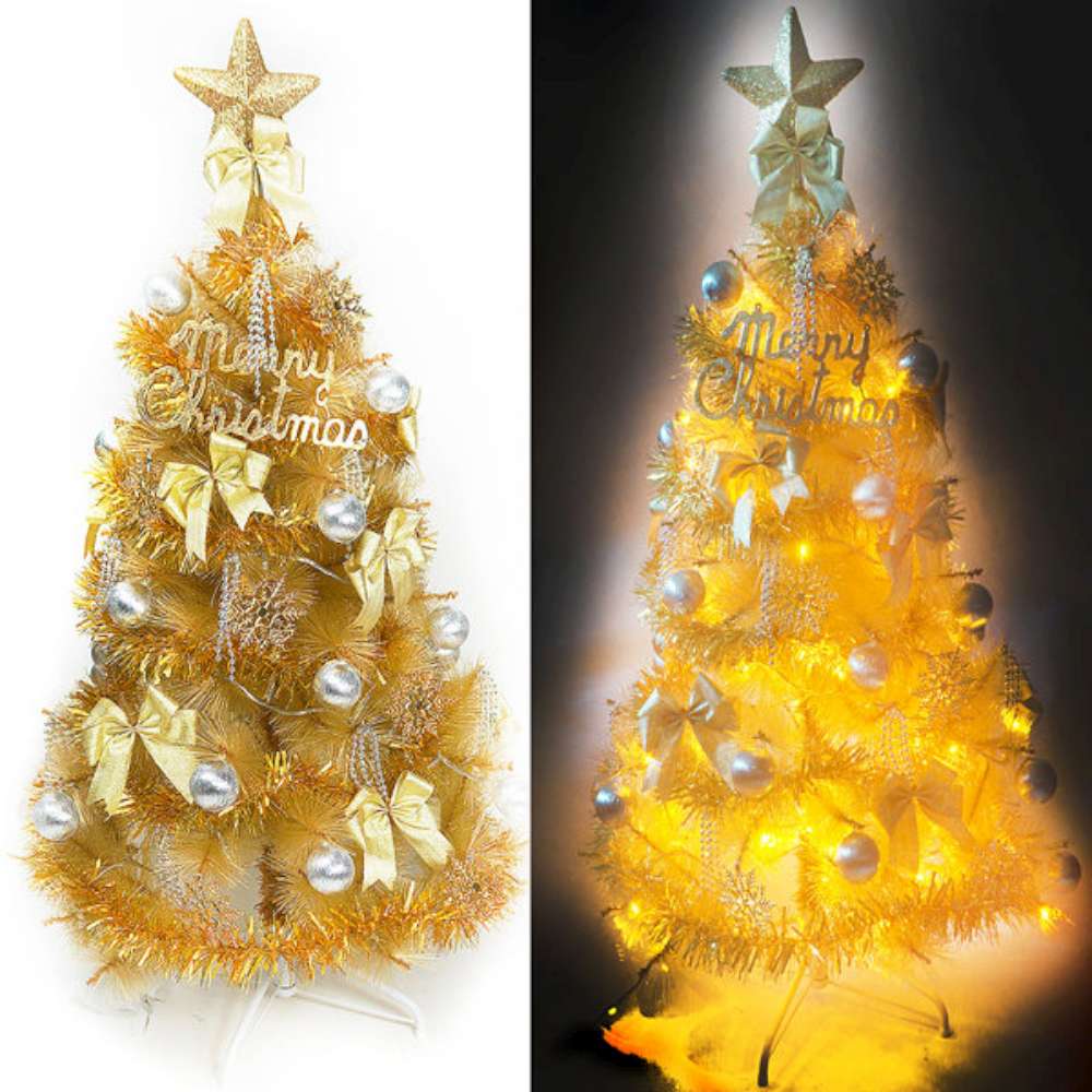台製4尺(120cm)特級金色松針葉聖誕樹(金銀色系配件+100燈LED燈黃光1串)