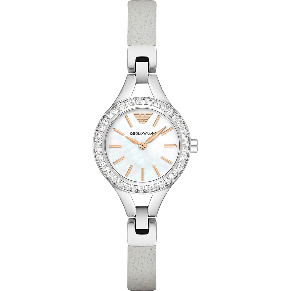 Emporio Armani Ladies 優雅晶鑽石英錶-珍珠貝x灰/28mm