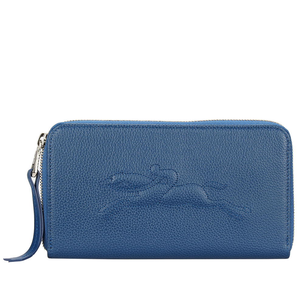 Longchamp Le Foulonne浮雕造型LOGO荔枝紋皮革拉鍊長夾-湛藍色