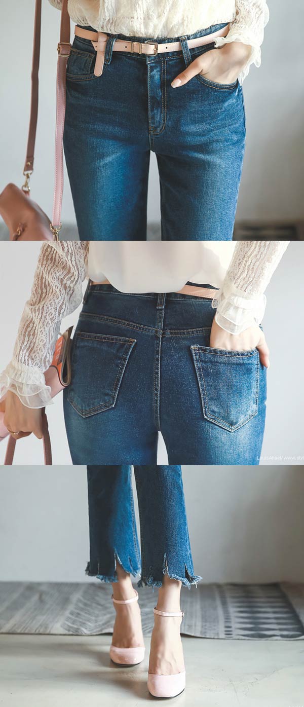 正韓 下擺破損新潮牛仔長褲(藍色)-AATE