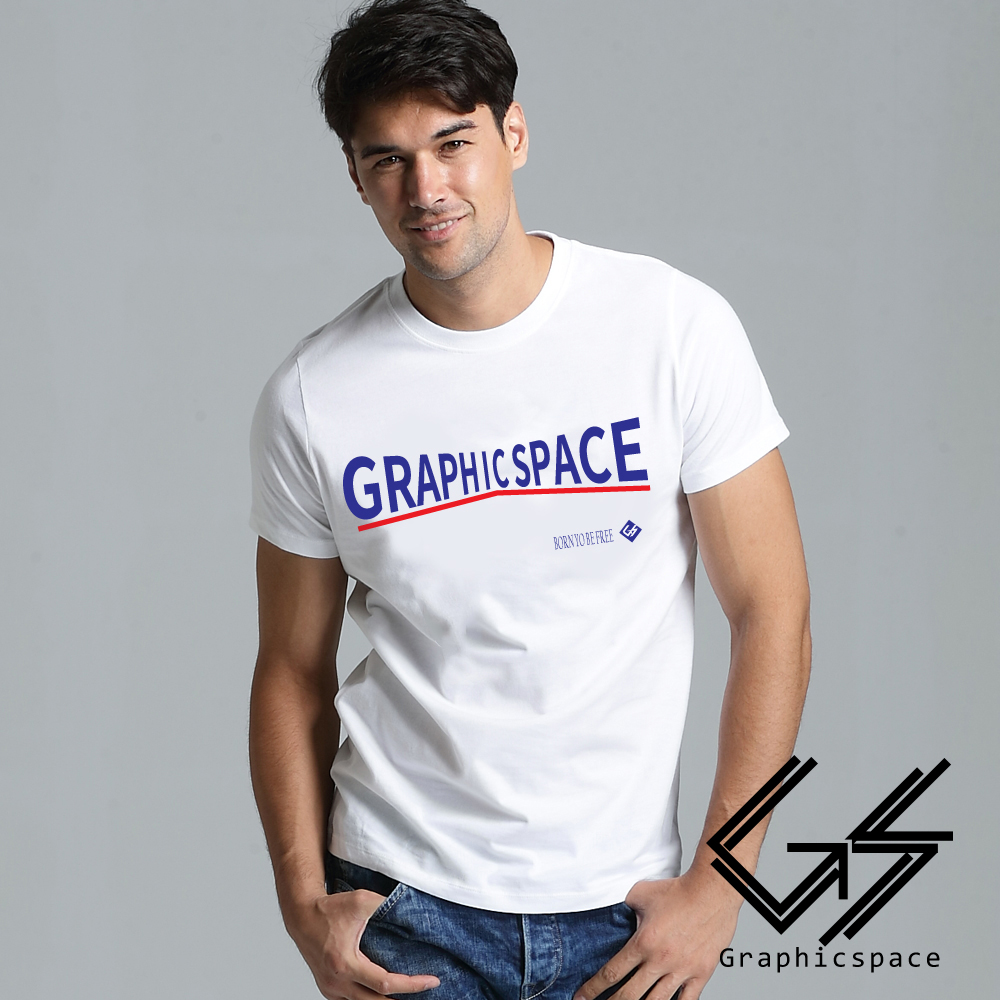 品牌藍色變形字樣磨毛水洗T恤 (白色)-GraphicSpace