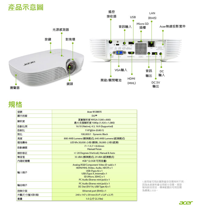 acer WXGA短焦LED行動投影機 K138STi (800流明)