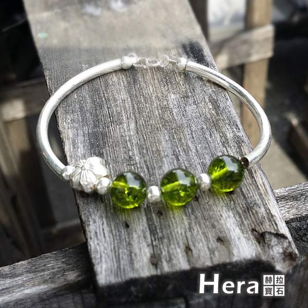 Hera 925純銀手作天然橄欖石圓珠梅花手環/手鍊