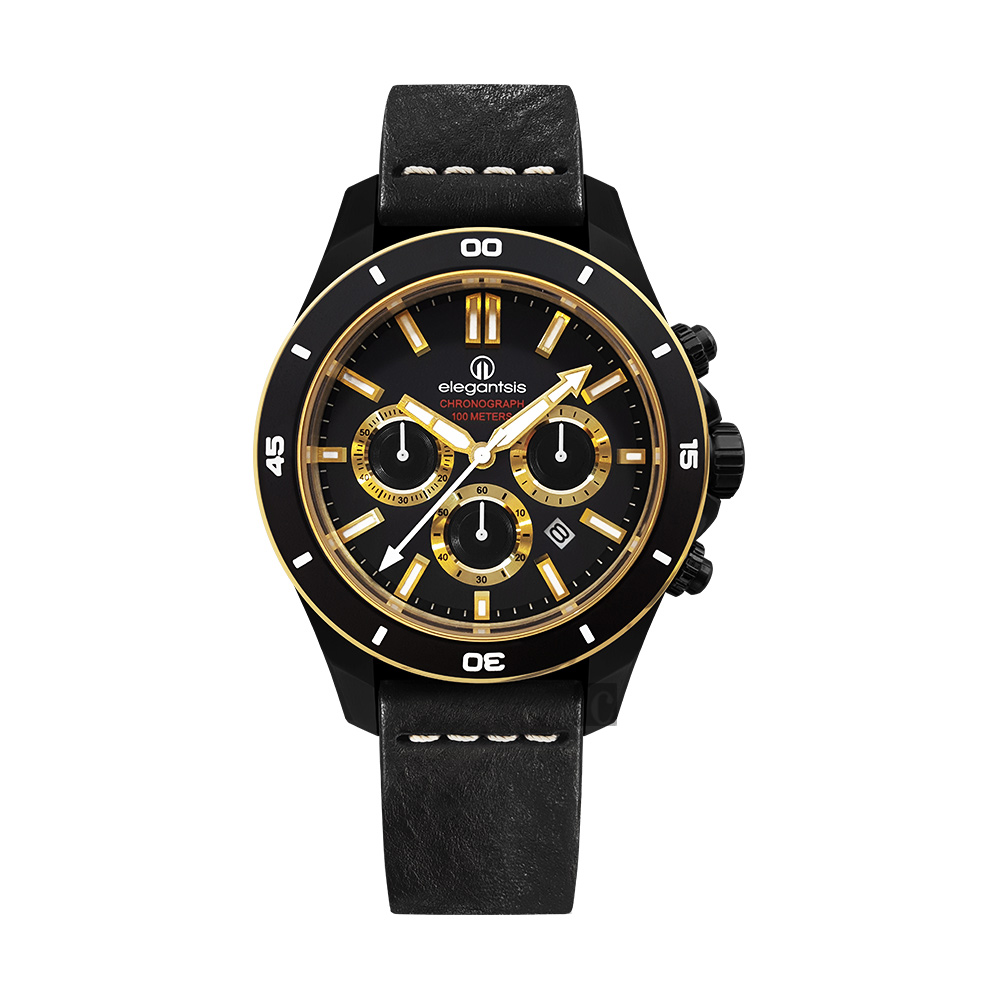 elegantsis JT65R 騎士系列三眼計時腕錶-黑x金框/48mm