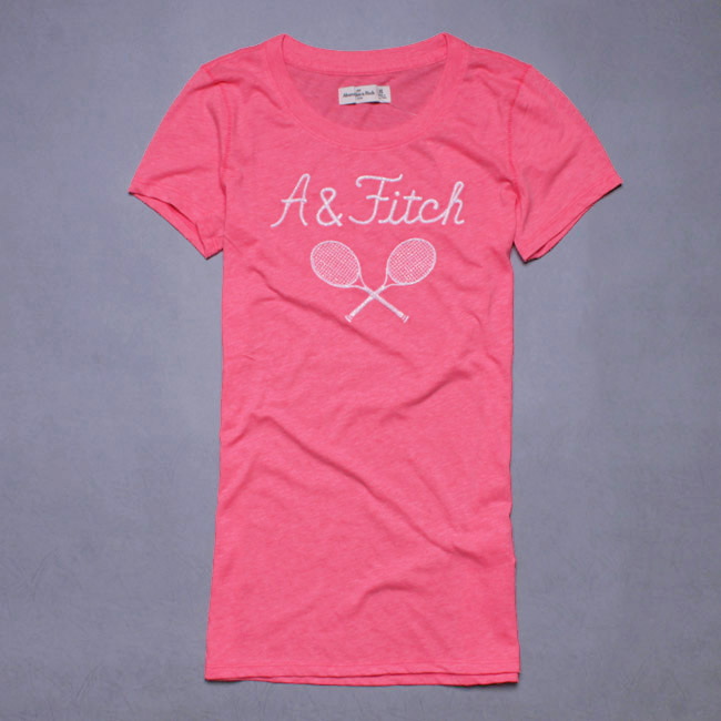 A&F Abercrombie & Fitch 金蔥刺繡字母圓領短T恤-螢光粉橘