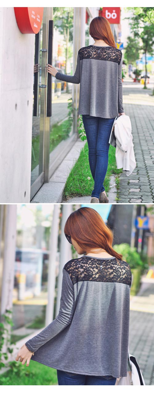 美背透膚蕾絲拼接寬版素色T恤 (共二色)-Seoul Holic