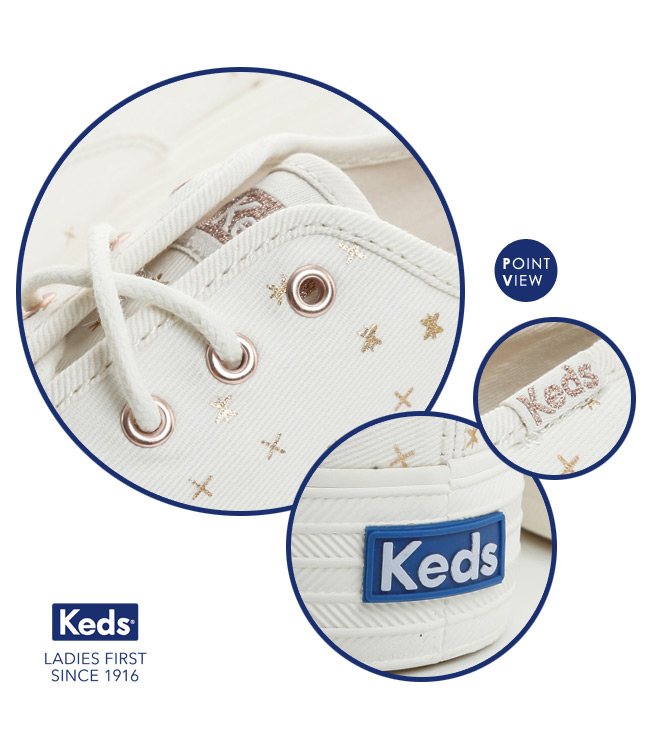 Keds TRIPLE 燙金圖騰厚底綁帶休閒鞋-奶油白