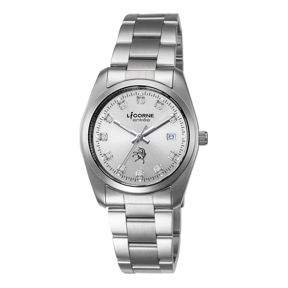 LICORNE 恩萃 Entree  簡約時尚設計都市水鑽腕錶-銀白/36mm