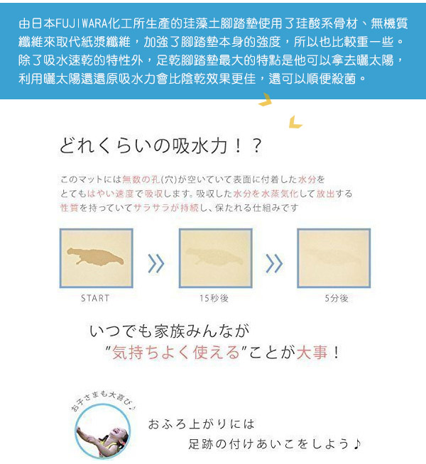 日本製 Fujiwara珪藻土 足乾浴室腳踏地墊-素面款(小)