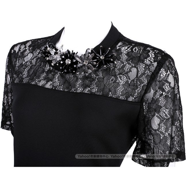 MaxMara-SPORTMAX黑色蕾絲拼接花珠飾短袖洋裝