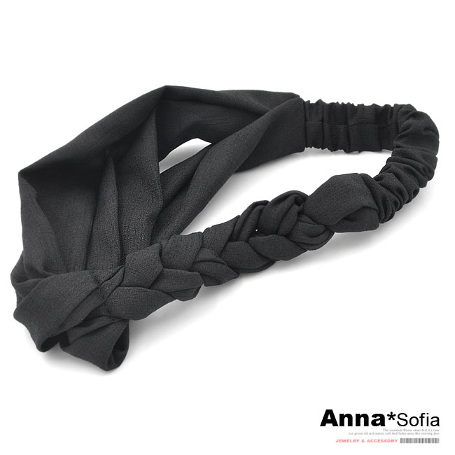 【3件480】AnnaSofia 氣質三股編側辮 垂直交叉紋彈性髮帶(酷黑系)