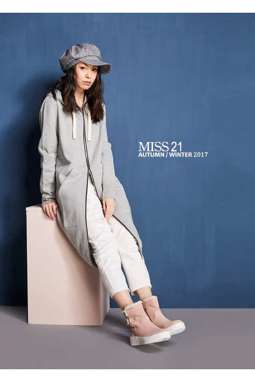 短靴 MISS 21 秋冬時尚造型金釦帶鉚釘毛絨絨厚底短靴－粉