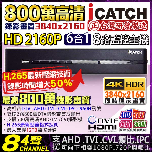 KINGNET 可取 H.265 800萬 8路4聲監視器主機 DVR 2160P 監視器