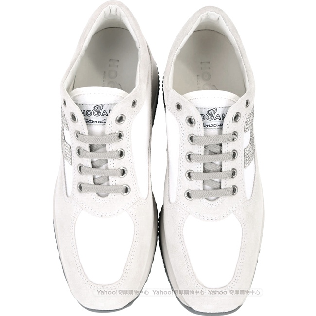 HOGAN Interactive H 鑽飾拼接麂皮綁帶休閒鞋(灰x白)