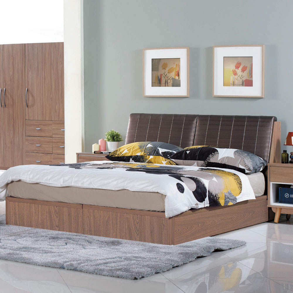 雙人床台 蘿絲瑪麗5尺柚木色 品家居(床頭箱+6分床底)不含床墊