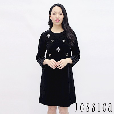JESSICA - 柔美細緻絲絨珠飾洋裝(黑 / 附頸飾)