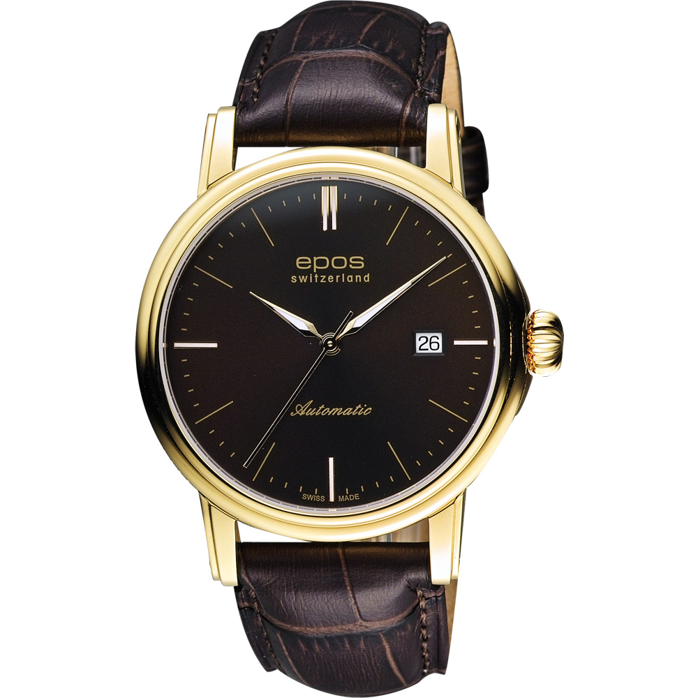 EPOS 都會雅仕時尚機械腕錶-咖啡x金框/42mm