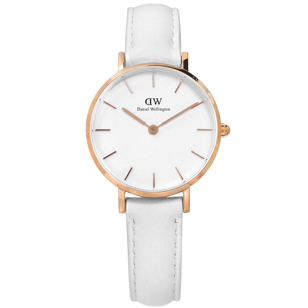 Daniel Wellington 經典小巧真皮手錶-白x玫瑰金框/28mm