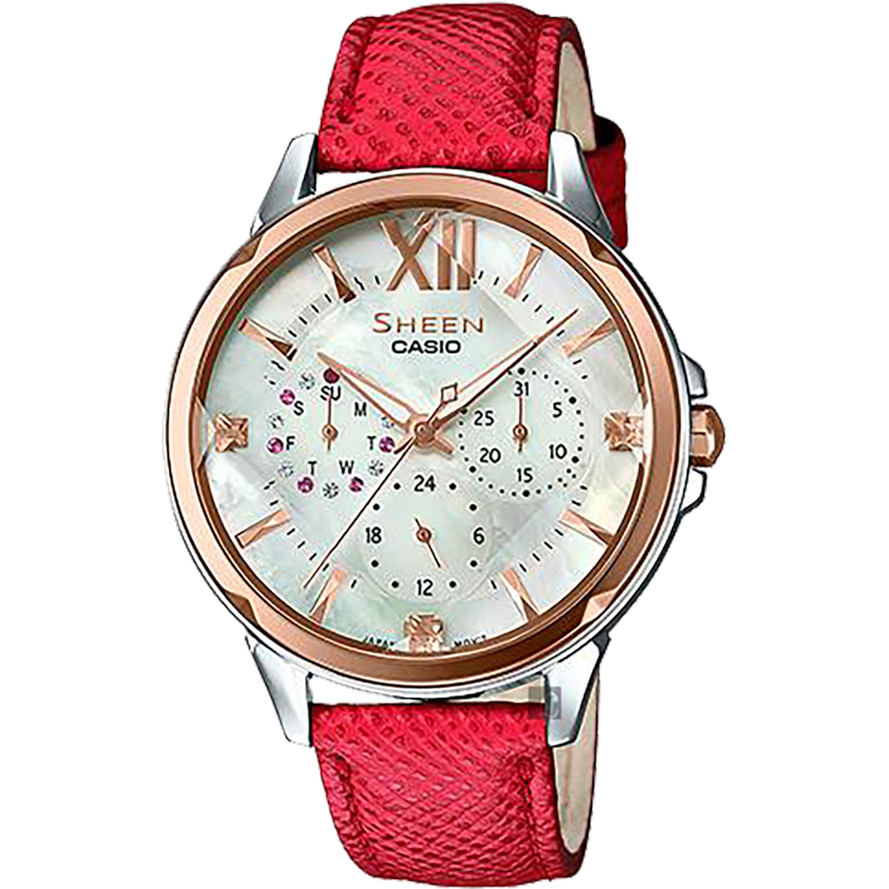 CASIO 卡西歐SHEEN 典雅晶鑽日曆手錶-玫瑰金圈x紅(SHE-3056GL-7AU
