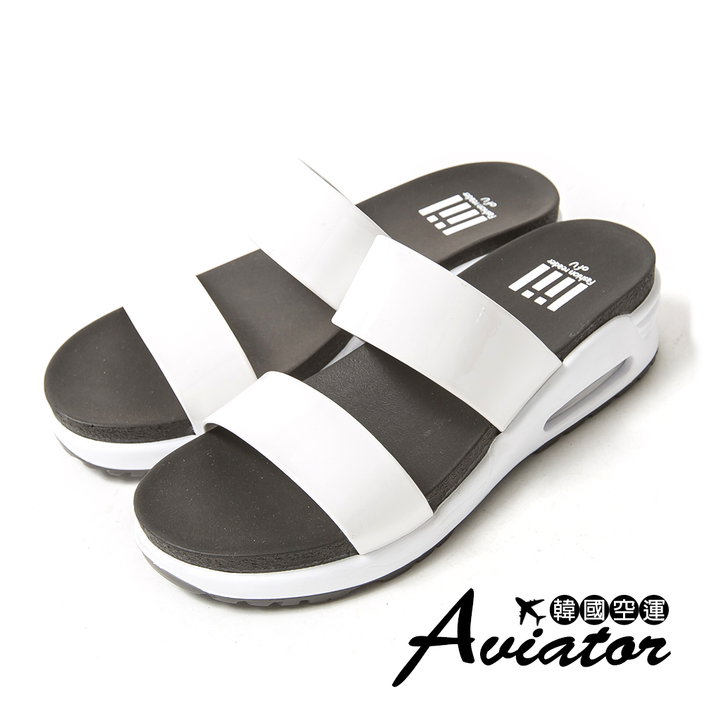 Aviator*韓國空運。漆皮感寬帶軟Q氣墊涼拖鞋-白