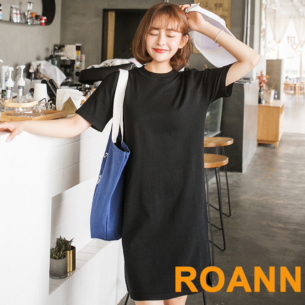 圓領素面針織短袖洋裝 (黑色)-ROANN