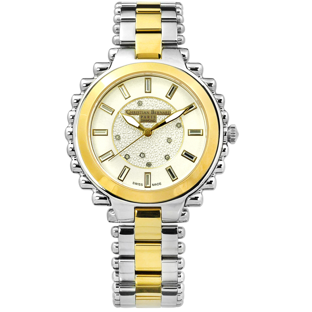 CHRISTIAN BERNARD 伯納錶 真鑽棕櫚樹不鏽鋼手錶-米白x鍍金/38mm
