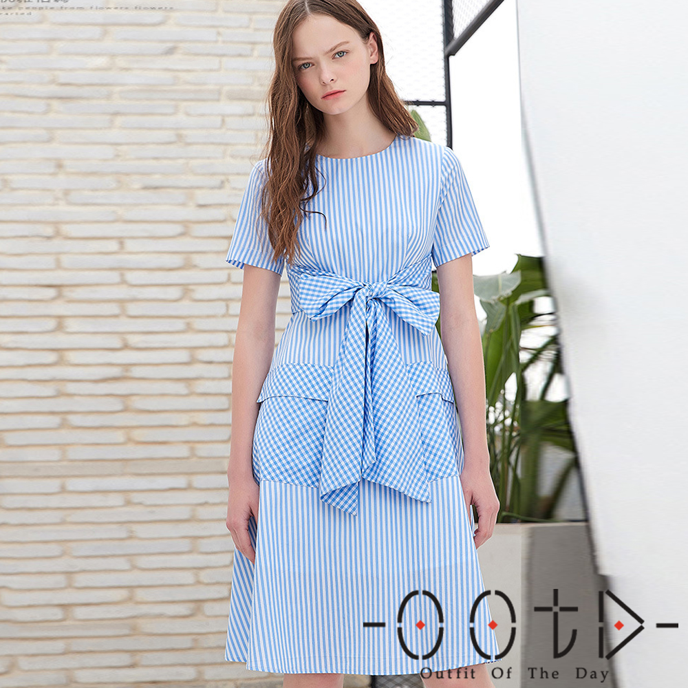 條紋蝴蝶結短袖洋裝(藍色)-OOTD