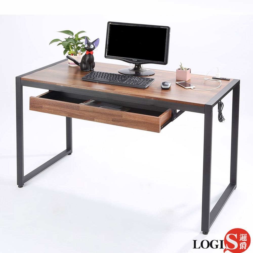 LOGIS耐磨防潑水工業風插座工作桌辦公桌 主管電腦桌 (長128x寬60x高77公分)
