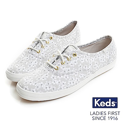 Keds CHAMPION粉嫩印花經典綁帶休閒鞋-淺灰