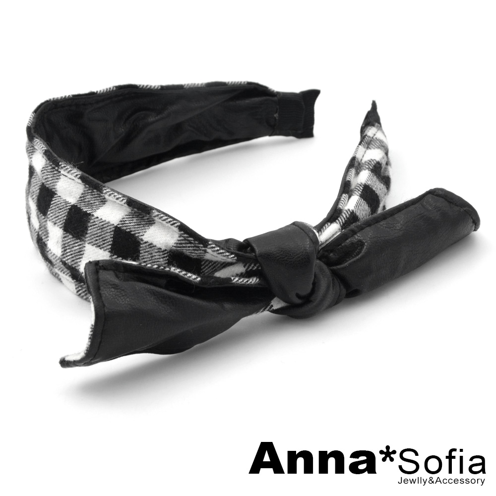 AnnaSofia 格紋皮革側綁結 韓式髮箍(黑白系)