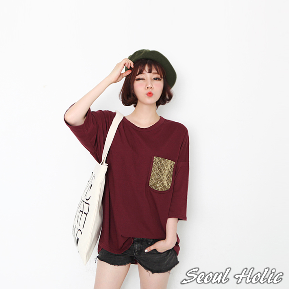 金屬感格紋壓線口袋寬袖長版T恤 (共二色)-Seoul Holic