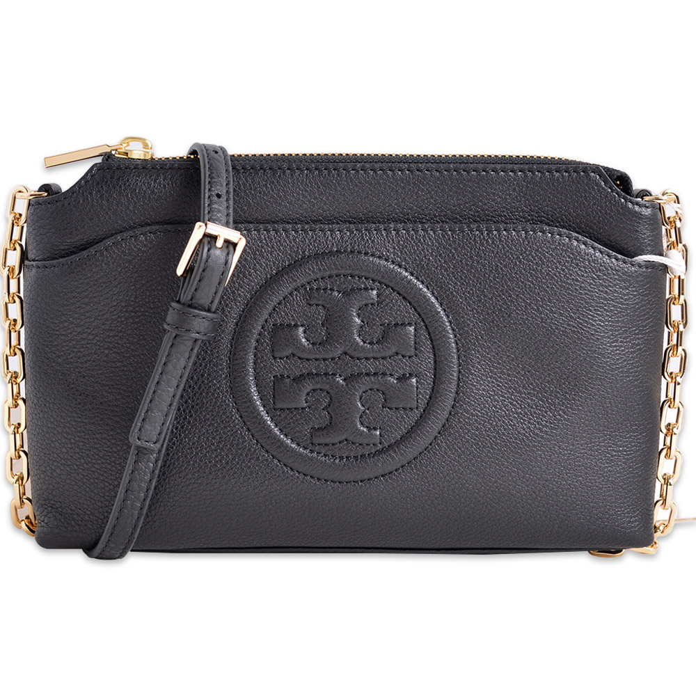 TORY BURCH BOMBE 典雅荔枝紋全皮革縫線LOGO金屬鍊帶斜背包-雅致黑