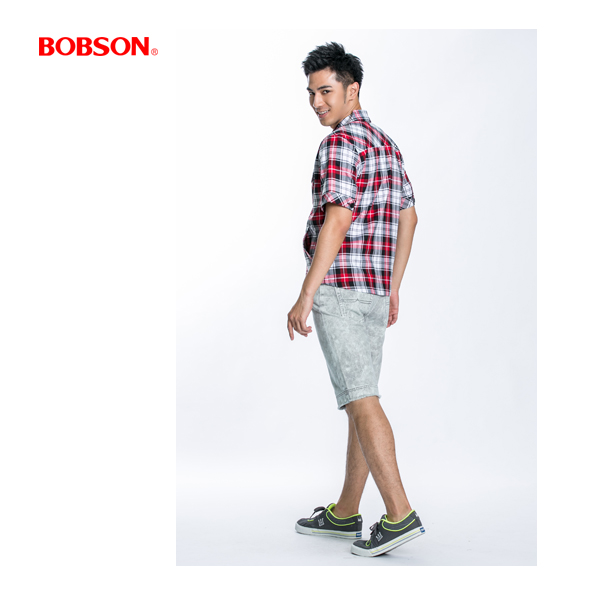 BOBSON 男款格紋短袖外套(紅23002-13)