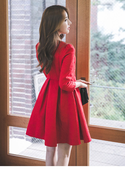 花紋收腰立體壓摺裙長袖洋裝(紅色)-Kugi Girl