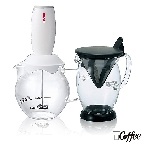 TCoffee HARIO冰咖啡雙響壺組2件組(免濾紙咖啡分享杯、電動奶泡器)