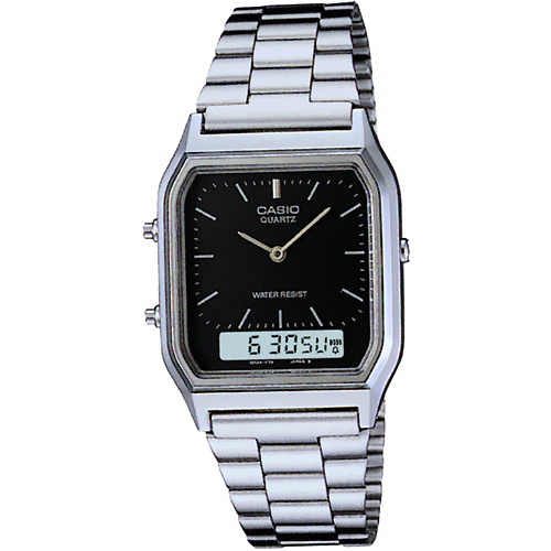 CASIO 銀色時尚復古雙顯指針錶-黑/29.5mm
