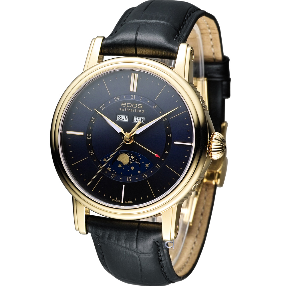 epos月相多功能典藏機械腕錶-藍x金框/42mm