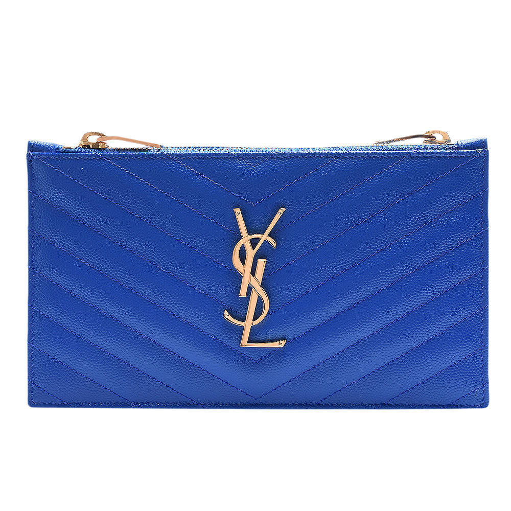 YSL MONOGRAM系列V字縫線魚子醬牛皮金屬LOGO拉鍊手拿包(寶藍)