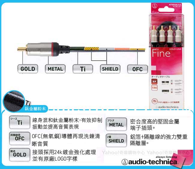 日本鐵三角 AT564A/1.0m 雙RCA高級音源訊號線