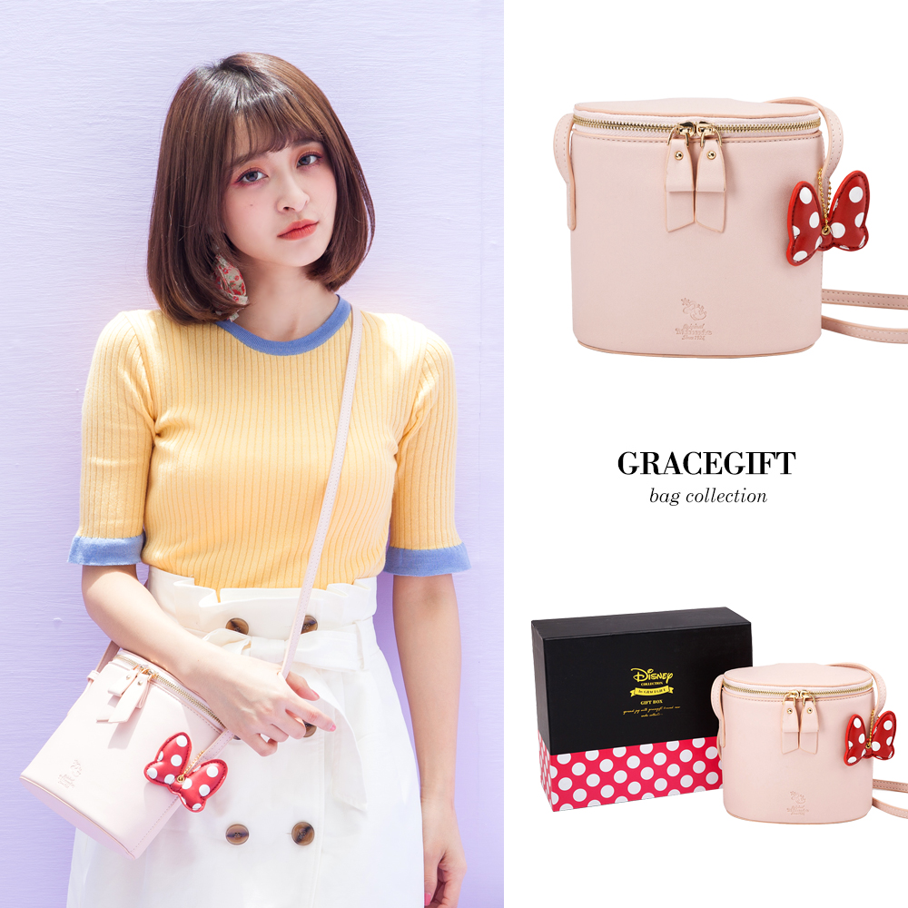 Disney collection by Grace gift-米妮壓紋雙拉鍊圓筒側背包