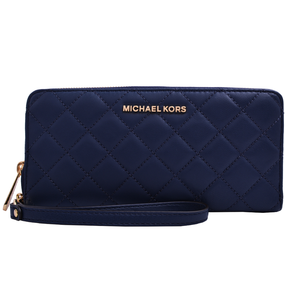 MICHAEL KORS Jet Set Trave 金LOGO菱格羊皮拉鍊手拿長夾-深藍