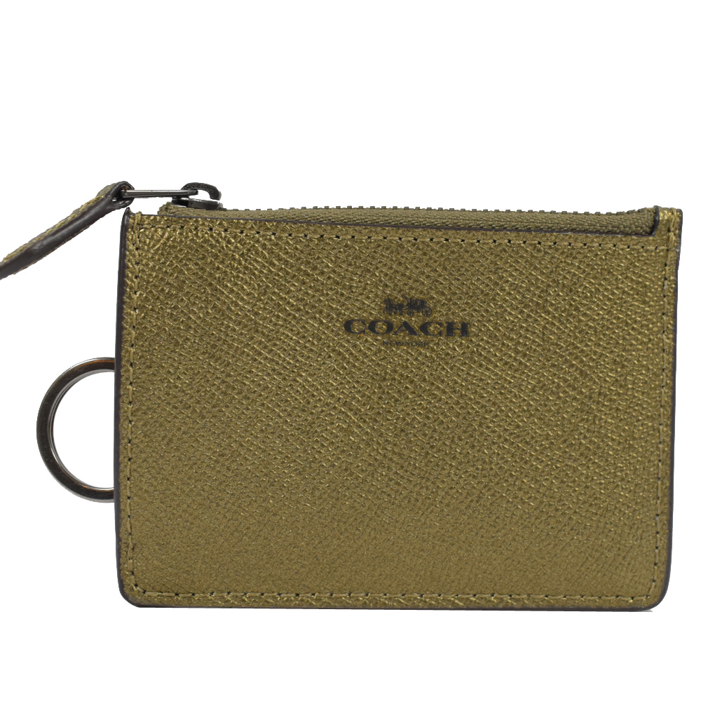 COACH 燙印logo防刮牛皮材質方型鑰匙零錢包(金)