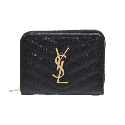 YSL MONOGRAM系列V字縫線魚子醬牛皮金色LOGO暗釦對折短夾(黑)