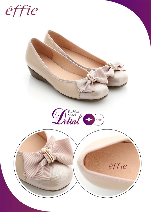 effie 舒適通勤 真皮蝴蝶結彈力圓頭低跟鞋 粉紅色