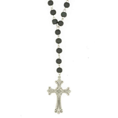 【美國ETTIKA】黑色木珠Cross巴洛克雕紋十字架長項鍊