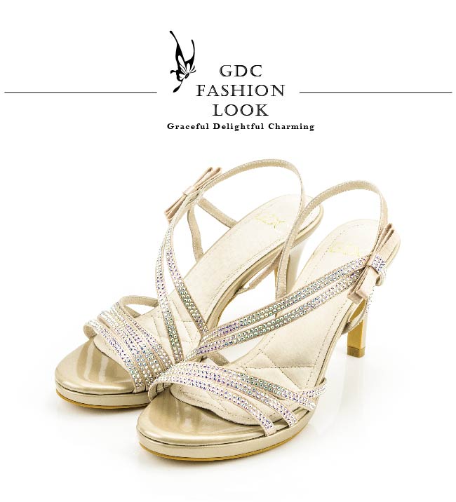 GDC-都會時尚水鑽寶石繞帶側蝴蝶高跟涼鞋-金色