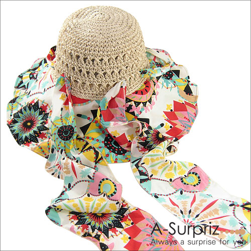 A-Surpriz 夏日風情綁帶印花圖騰布遮陽帽(卡其)